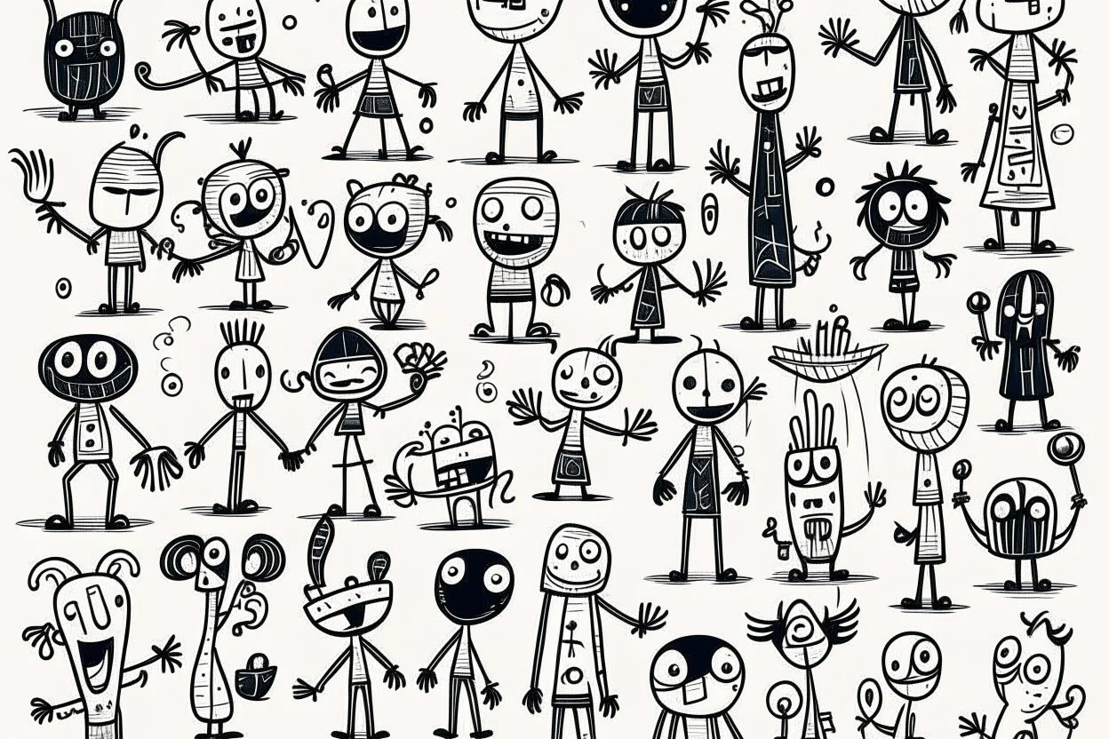 make a bunch of simple hand-drawn spooky and cute cartoon characters with bodies arms, and legs I could draw and make them all different