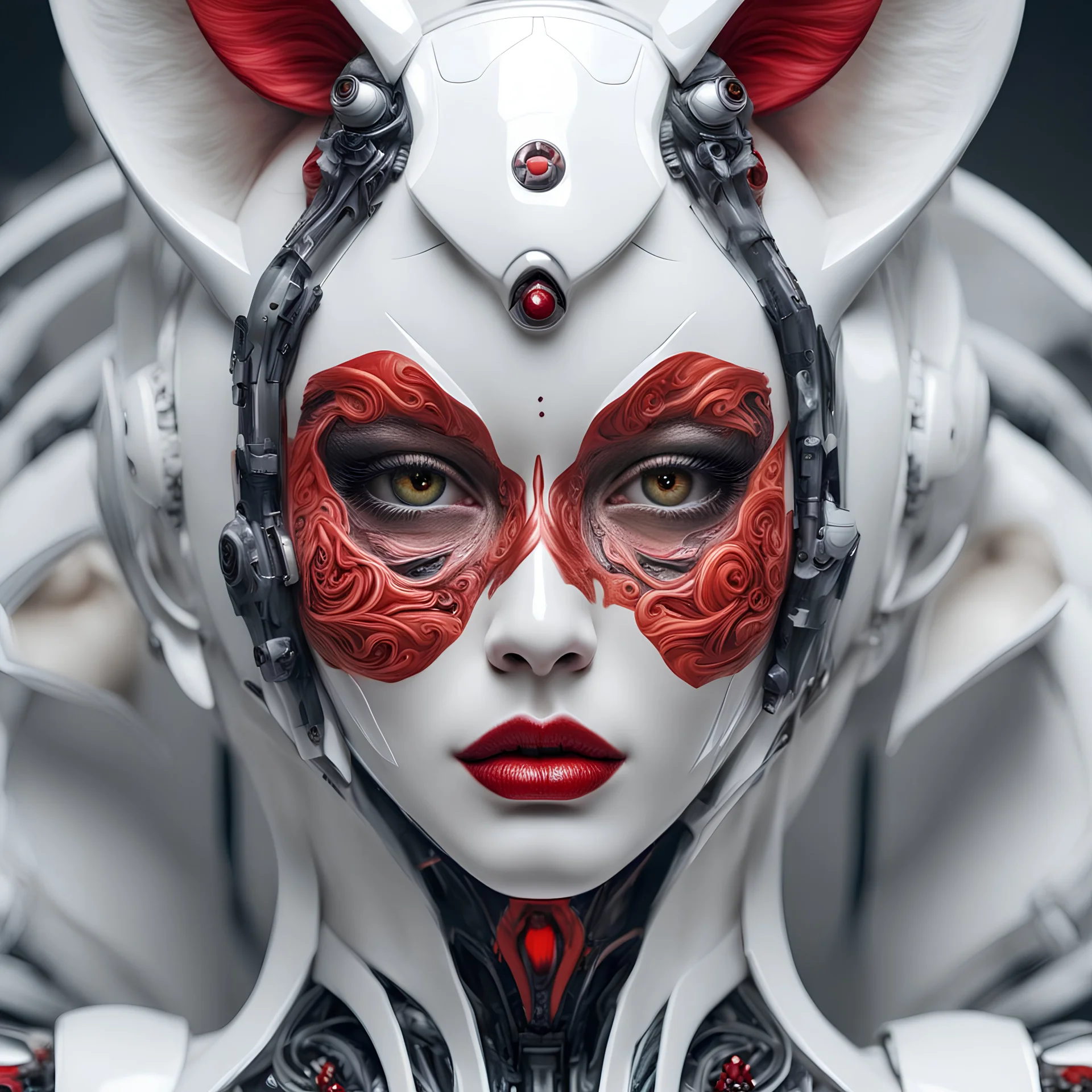 a close up of a person with a painted face, digital art, by Galen Dara, trending on zbrush central, digital art, woman with cat ears, fractal ceramic armor, industrial robotic cats, porcelain skin ”, detailed face with red lips, photography alexey kurylev, in plastic, white fox ears, symmetical face, wearing futuristic, porcelain, shot with Sony Alpha a9 Il and Sony FE 200-600mm f/5. 6-6.3 G OSS, natural light, hyper-realistic photography, ultra detailed -ar 1:1 -q 2 -s 750)