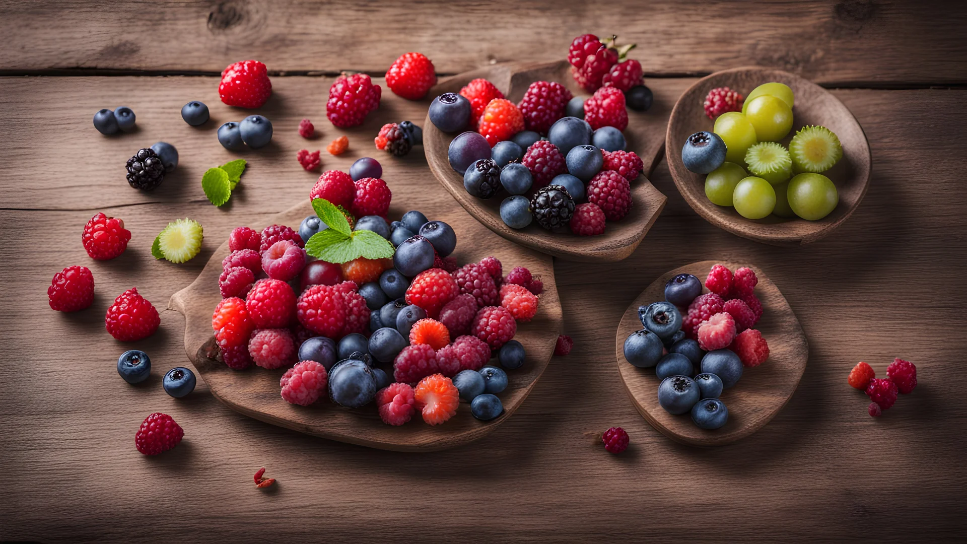 Colorful berries assortment on rustic wooden table