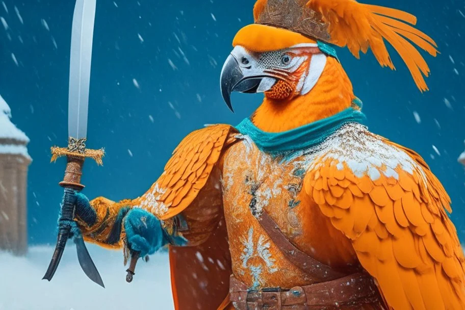 half parrot half human in a orange dutch uniform being cut with a sword in a sword fight in the snow