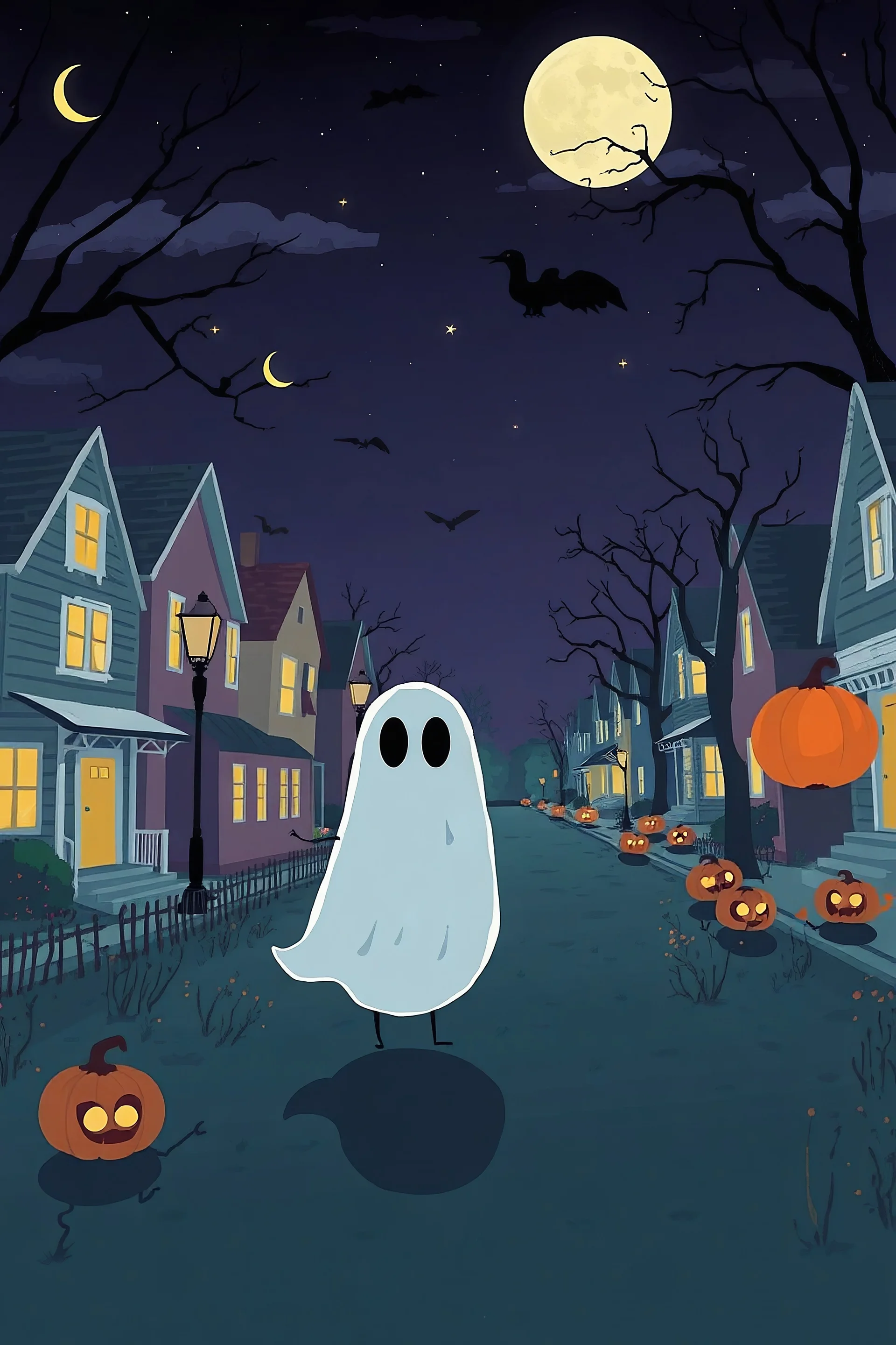 A ghost walks with bycle in the american town.Halloween themed illustration.picasso style