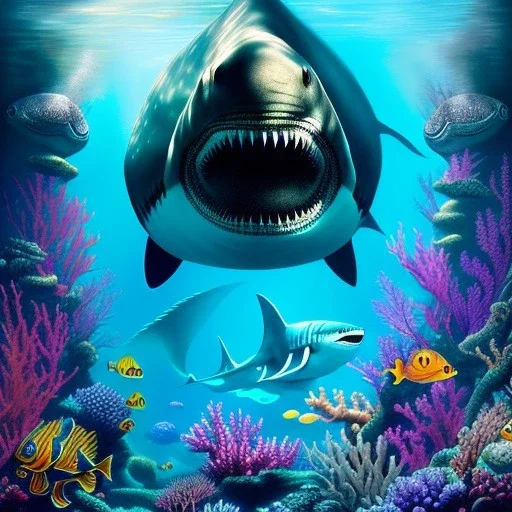 ultra detailed fullbody portrait of SEA MONSTER MEGALODON underwater, extremely detailed digital painting, intrincate, extremely detailed face,crystal clear Big eyes, in the style of Kaare Andrews, mystical colors , perfectly centered image, perfect composition, rim light, beautiful lighting, 8k, stunning scene, raytracing