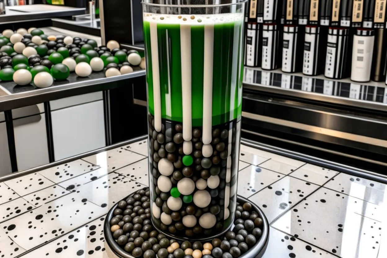 filling the frame edge to edge looking into a tank filled with matcha latte bubble tea, dark tapioca pearls along the bottom against the glass, ice floating at top, no fish, no outside of tank