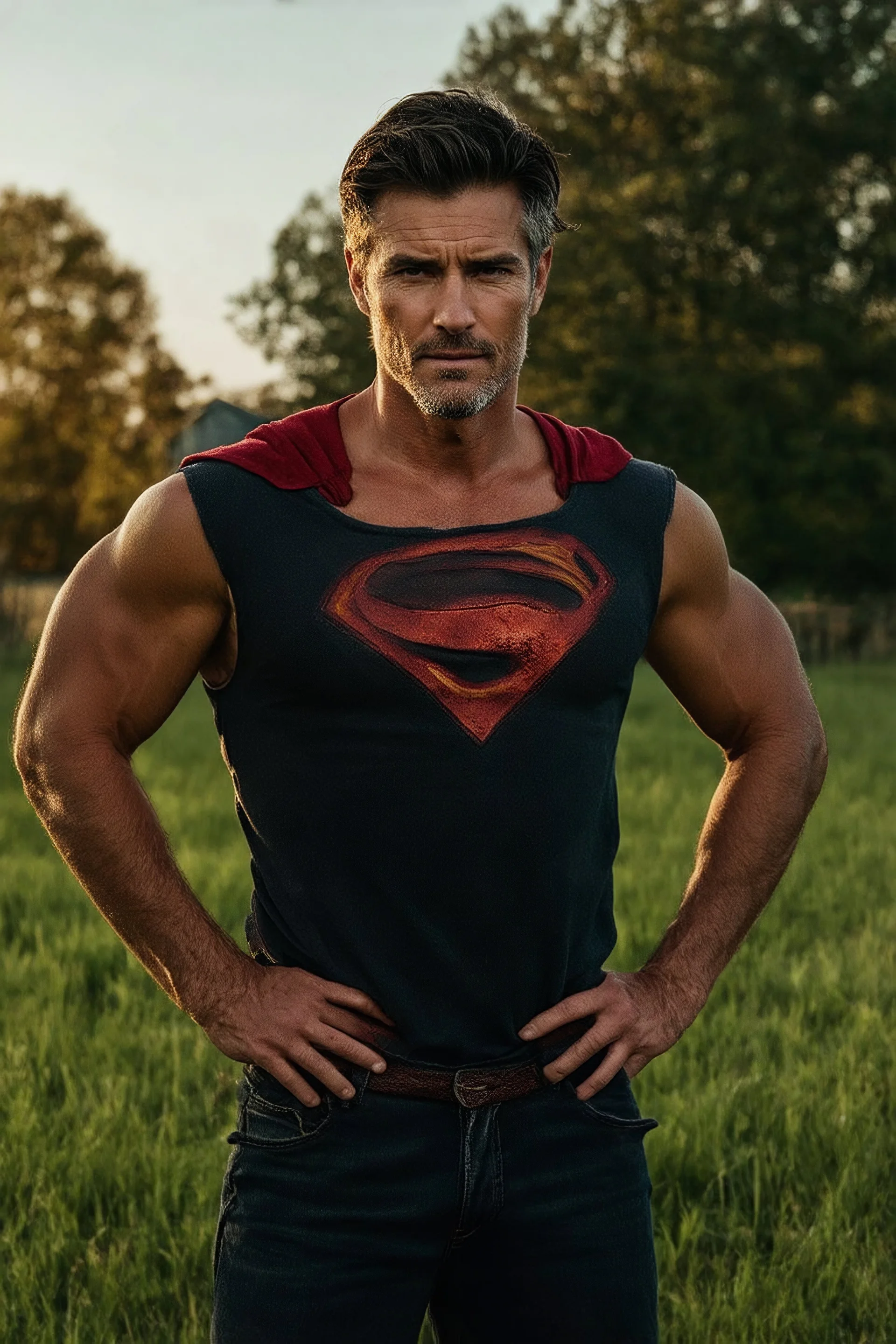 Full-length image, head to toe, create a photorealistic portrait of an extremely muscular Tom Welling Superman as an old man, with (dyed black hair:1.3), and gray temples and sideburns, standing outside the Kent Farmhouse in a green field with his hands on his hips, in the late afternoon, with natural sunlight casting warm golden light across his face revealing every wrinkle and the texture of his skin, sharp focus on his eyes showing depth, moisture, reflections, with a soft bokeh background