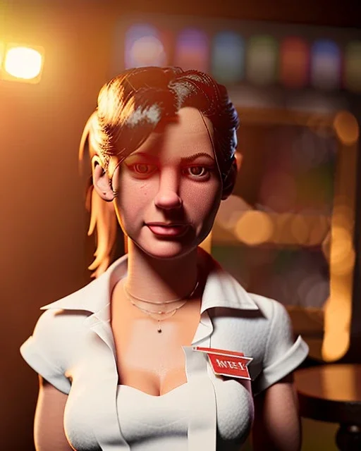 waitress woman with muppet head, real photo, concept art, retro style, smooth, unreal engine 5, god lights, ray tracing, RTX, lumen lighting, ultra detail, volumetric lighting, 3d.