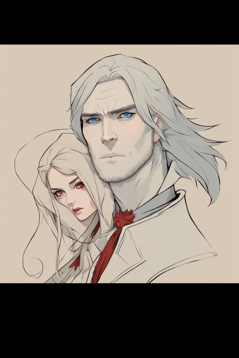 A couple, from the dnd game curse of Strahd. The woman has long white hair and blue eyes, the man has LONG BLACK hair and red eyes, no facial hair.