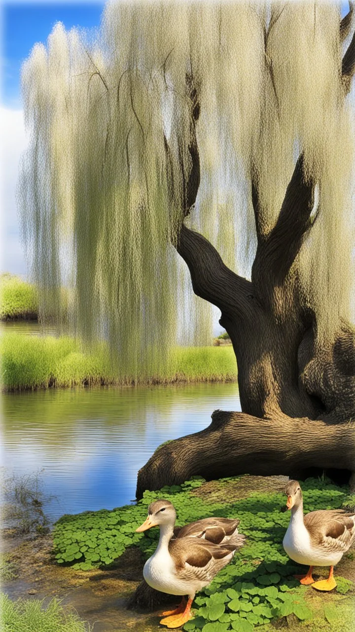 old willow tree by the river 2 lovely ducks are in the water