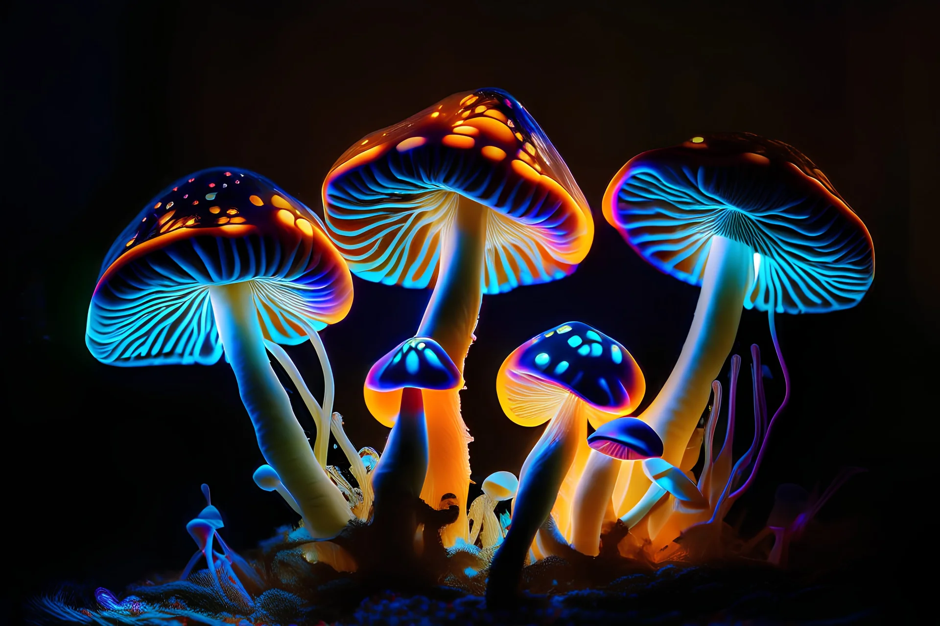 colorful mushrooms with glowing gills in rembrandt lighting on dark background