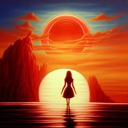 A painting of a woman and a dog walking on a beach at sunset with the red sun in the background, inspired by Chris Moore, inspired by Henry Macbeth-Rayburn, bloody sunset, looking out into the Red Ocean, acrylic and oil painting, with sunset, watching the sunset, 'a lonely dark figure'' !!, inspired by Dave Kendall, epic red - orange moonlight, acrylic painting on oiled canvas