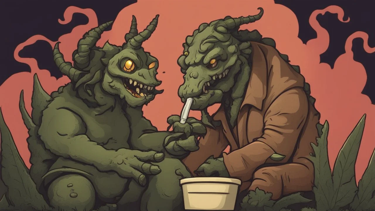 Cartoon deathclaw smoking weed