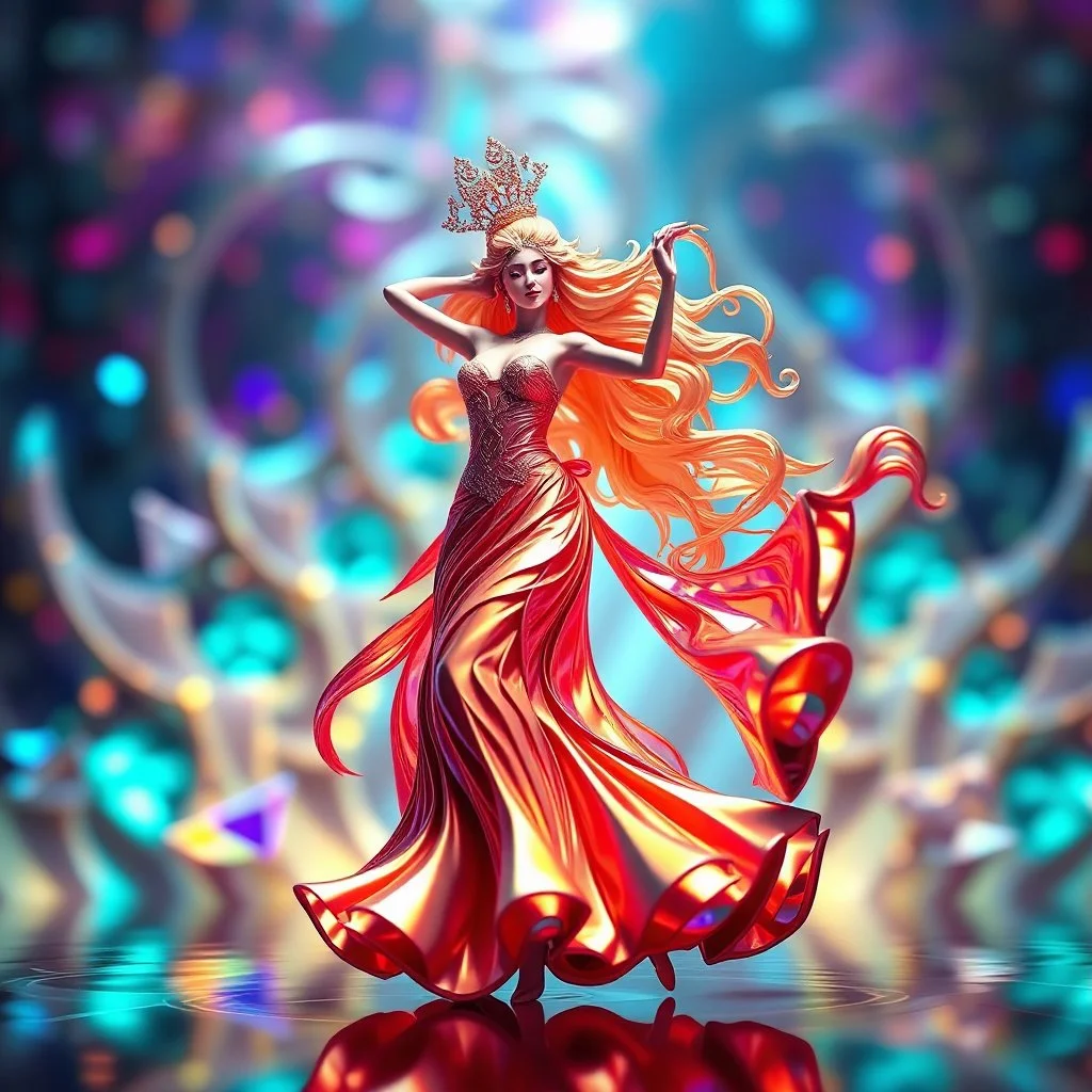 A goddess of love in a cleric dress dances in a vibrant, vibrating, color-rich 3D environment of metallic and crystal recursive geometric structures and an evolving ,Creative 3d fractal art, blurred bokeh effect,