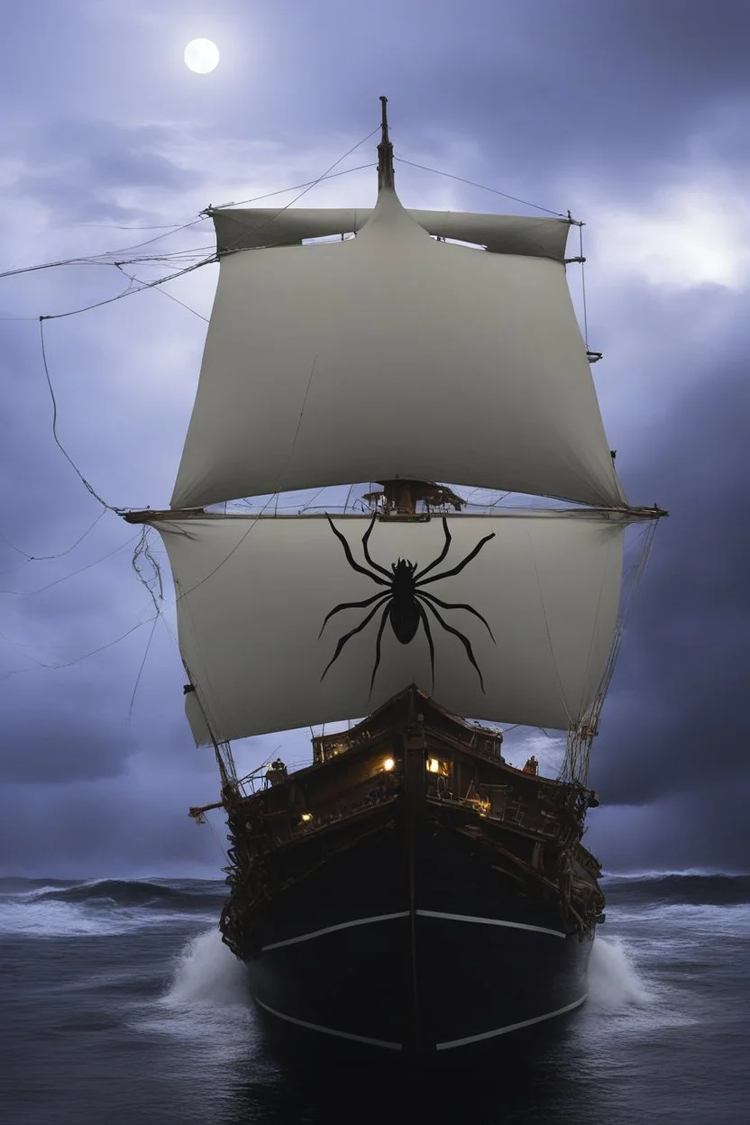 Wooden Ship front view with a Spider figurehead at night in a storm with giant waves