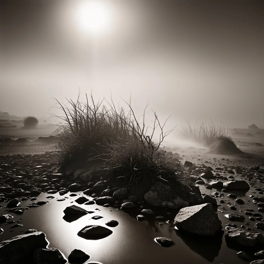 A striking quality Ilford photograph captures a wasteland with liquid and stars, Amano, Audubon, creepy, details of the dust and liquids very accentuated, glossy organic mass, vegetation, adorned with minerals and rocks. Bathed in intense light, eerie, Max Ernst style, white sun, fog