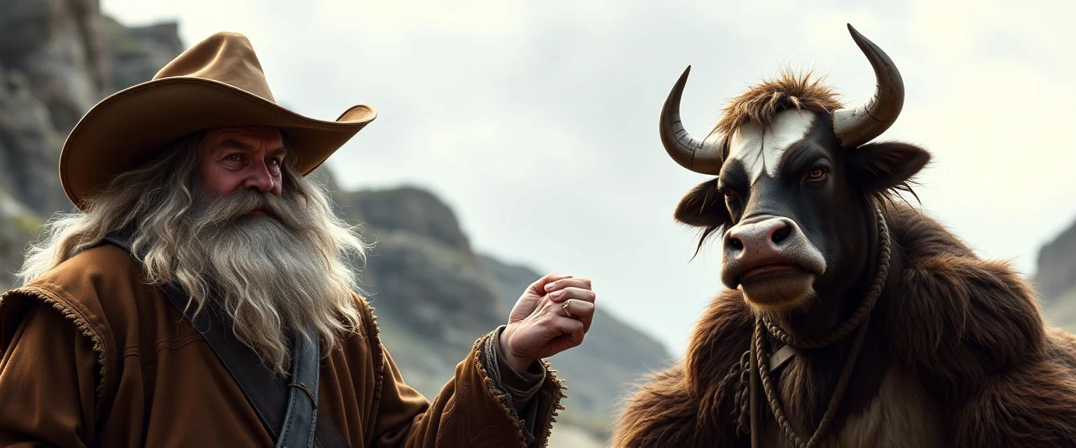 Gandalf as a cowboy, Gimli as a cow wrestler