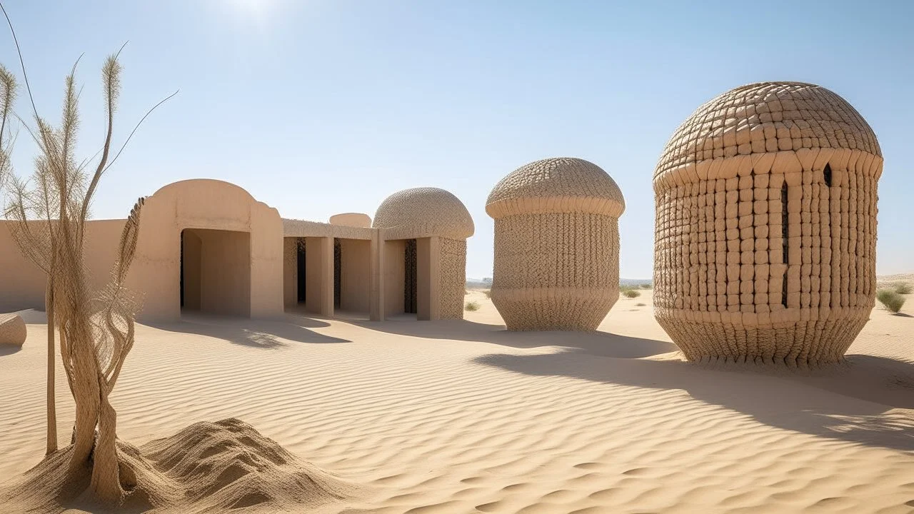 An architectural work located in a desert oasis at midday, depicting roughly hewn vertical stone posts supporting adobe-style cubicles and mirage-like spheres, with a heat haze rising from the sand.