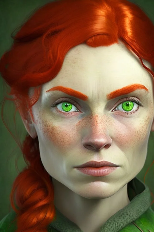 portrait of a dwarf lady, light green eyes, red hair, pronounced cheekbones and slightly square jaw