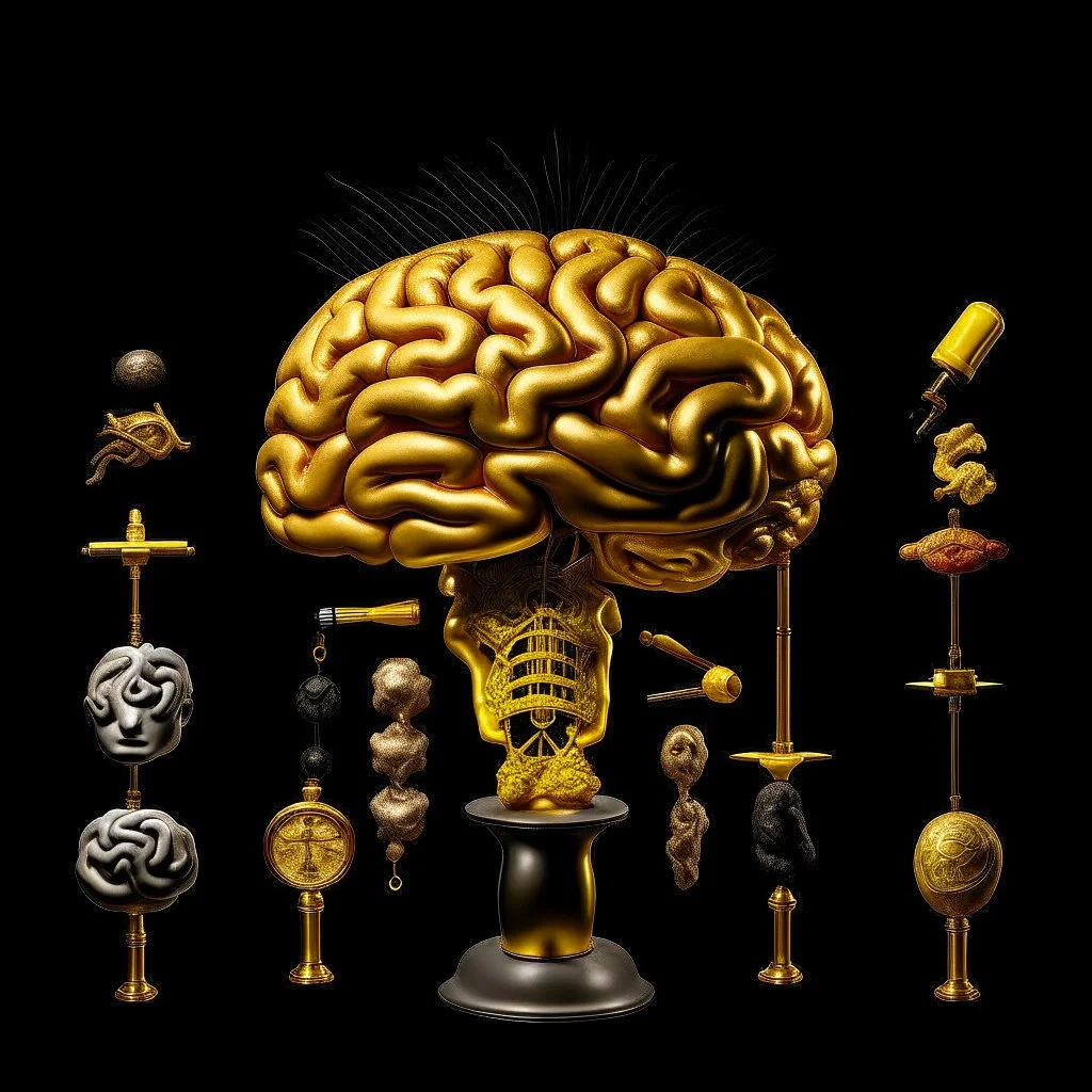 a huge golden brain supported by very small beautiful Asian female human bodies, Communist propaganda slogan banner,complex surgical instruments,a newborn boy between light and shadow, black background,surrealism, symbolism, minimalism, sculpture by Lucian Freud, Rene Magritte, Salvador Dali