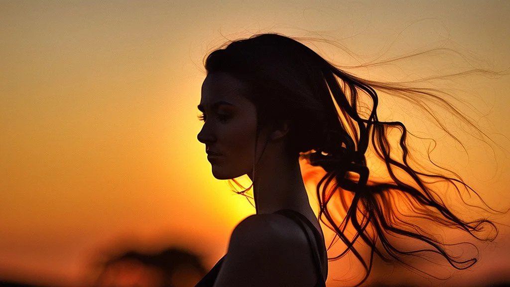 Silhouette of the head of a young lady with long flowing hair in a slight breeze. At sunset in Czech nature.