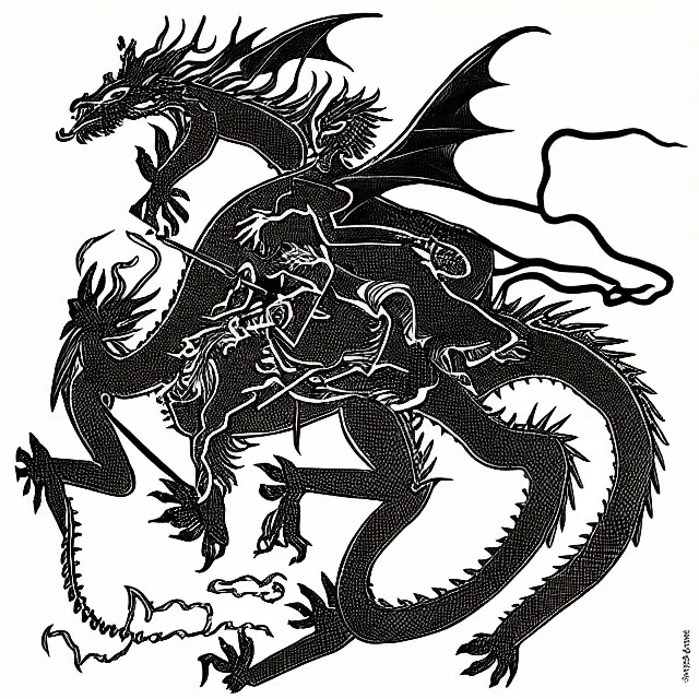 hand drawn single line , black and white , knight on the horse charging a dragon with lancet