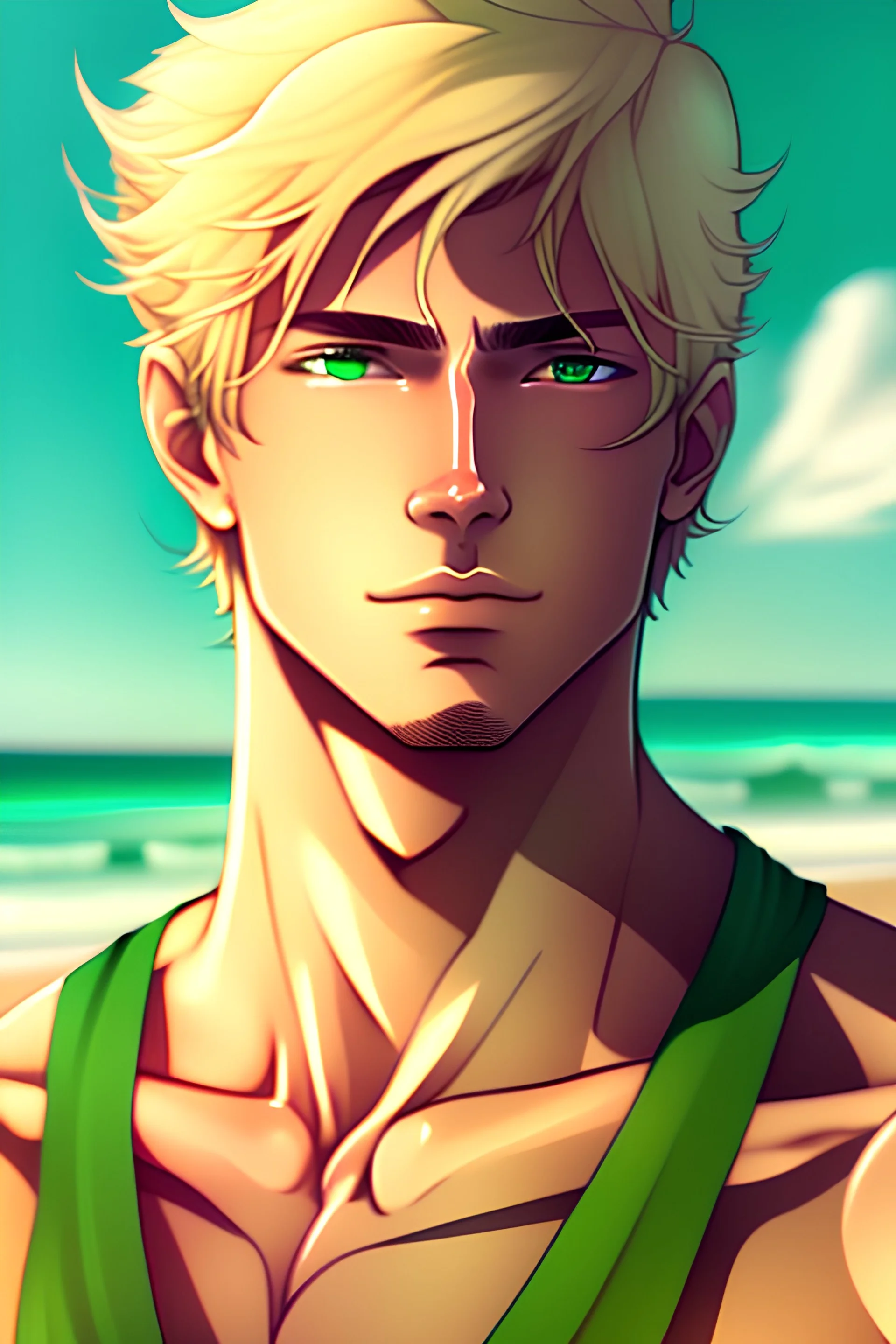 The handsome and perfect portrait is on Spruce Street, anime, blonde-haired and green-eyed male character on the beach for the magazine, 8K resolution, high quality, ultra graphics, and detailed with lines.