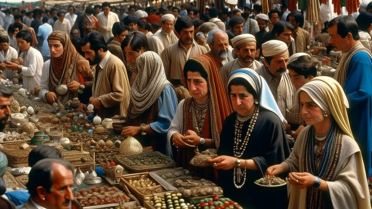 A crowded Middle Eastern marketplace with people of various ages, including a woman in the foreground wearing ornate jewelry and clothing, surrounded by vendors selling goods such as rugs