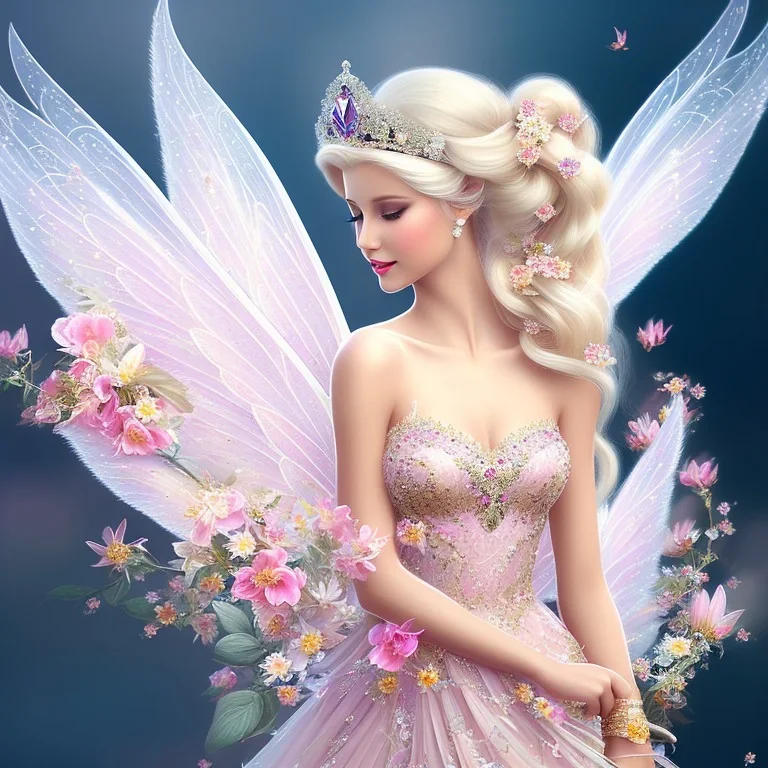 fantasy fairy with transparent wings, smiling, make up, long platinum blond hair with crown and flowers, pink dress