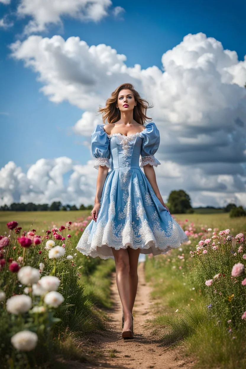 fullbody girl makeup wearing a victorian short dress walking in country side ,flowers ,pretty clouds in blue sky