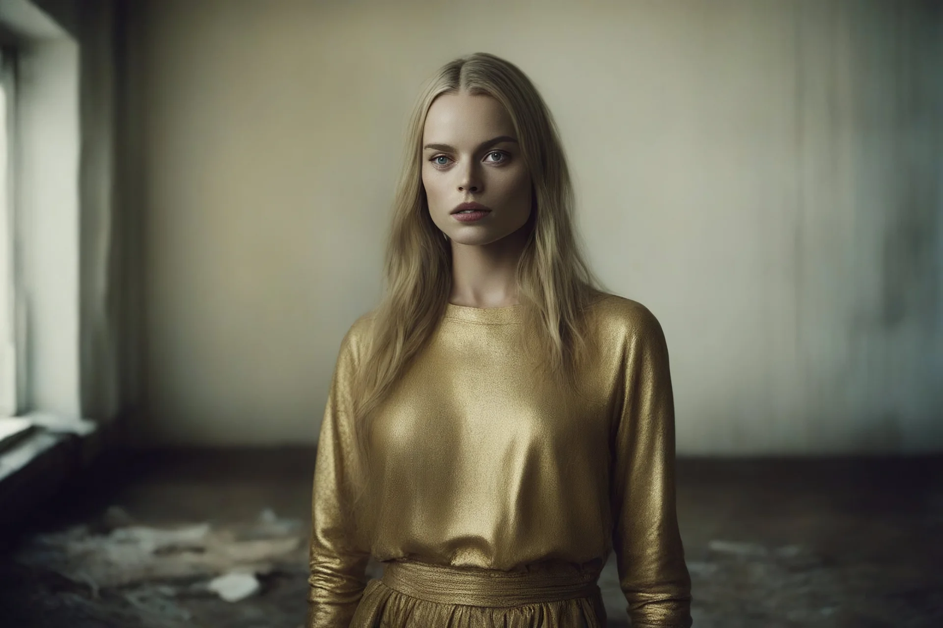 Margot robbie, without a face, , hippie girl, gold war clothes in a liminal empty room, old autochrome