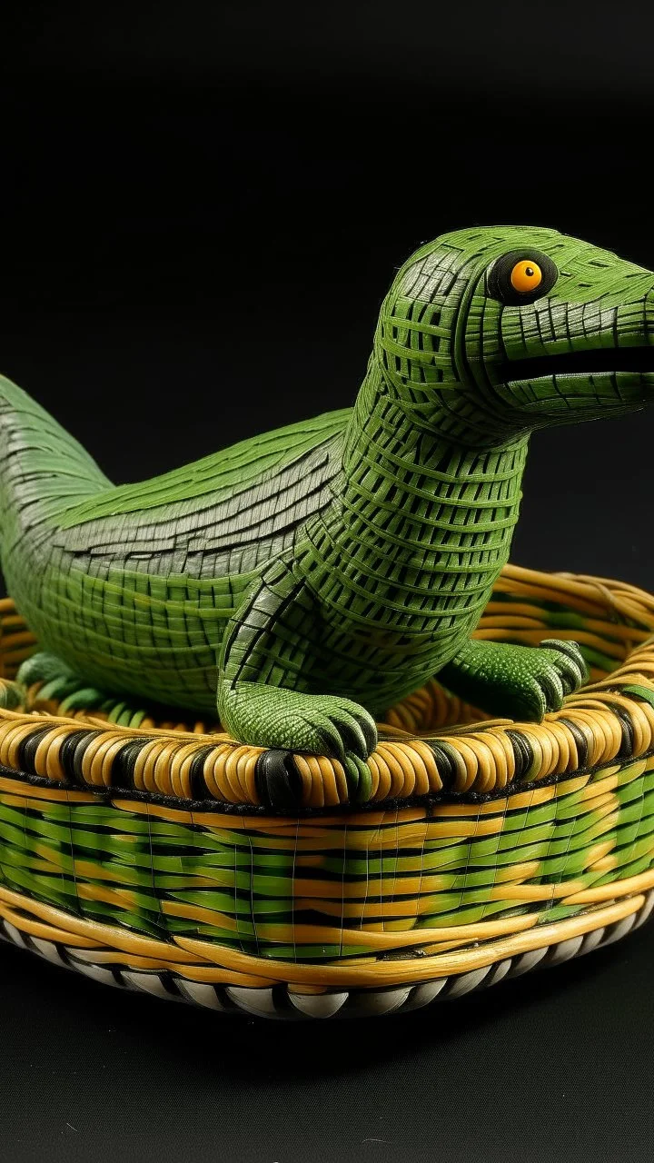 A grayish green nature elemental crocodile designed in Navajo baskets painted by George Inness