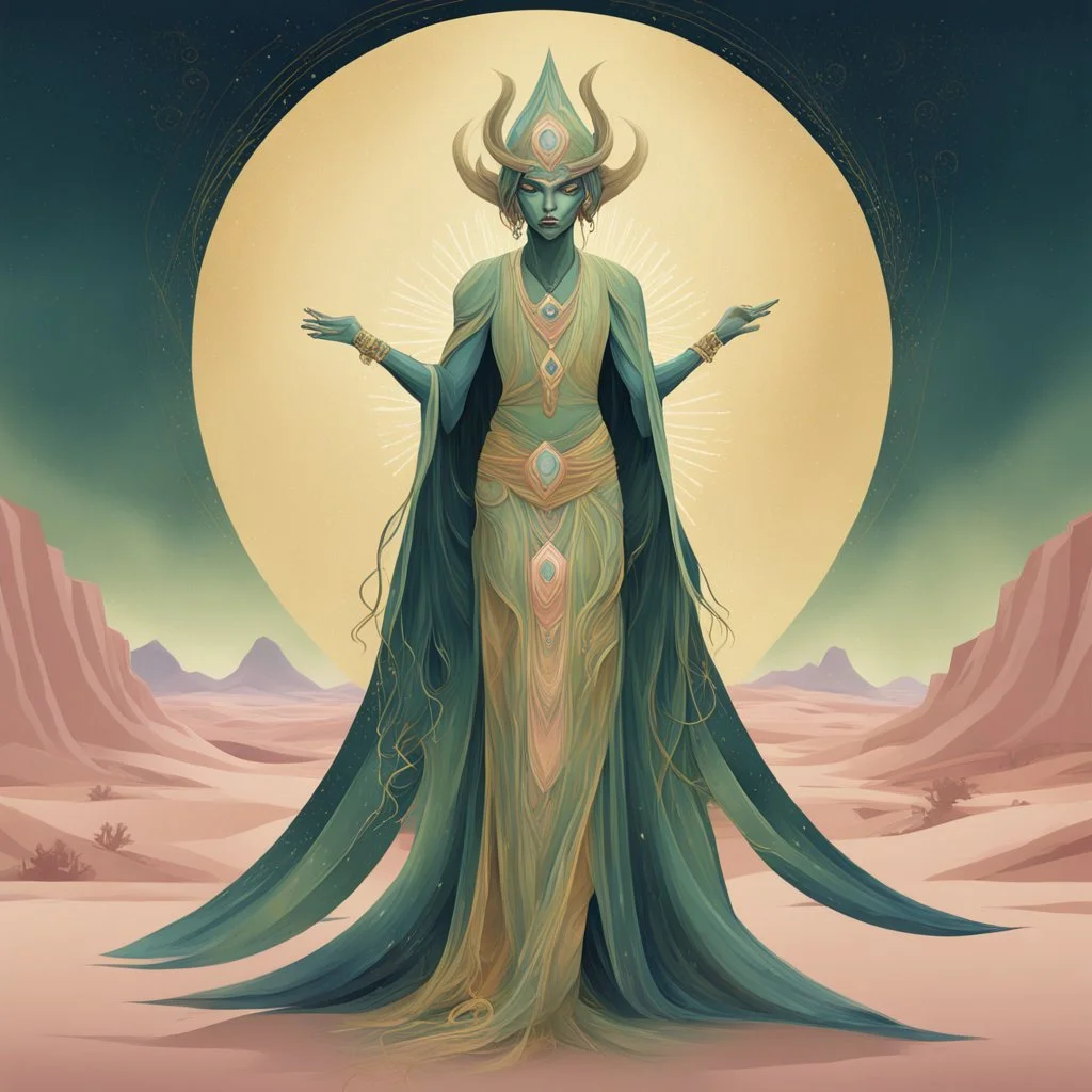 Bordered digital art of a Desert Djinn 10, in the style of torat and art deco, with olive green, pastel pink, rich blues and Shimmering golds accents. Fantasy art. High quality, masterpiece.