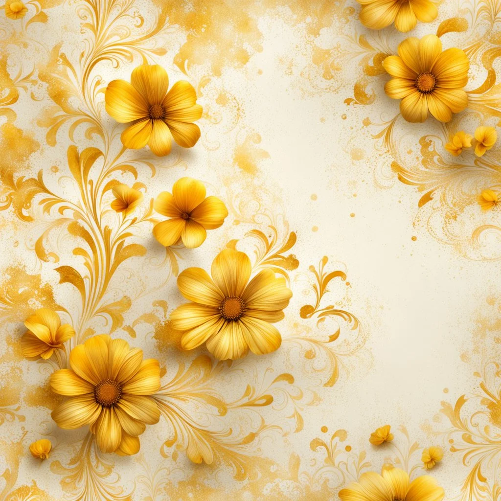 Hyper Realistic Yellow & Beige Abstract-Floral-Patterns With Glowing Golden Embers On Off-White Grungy Background.