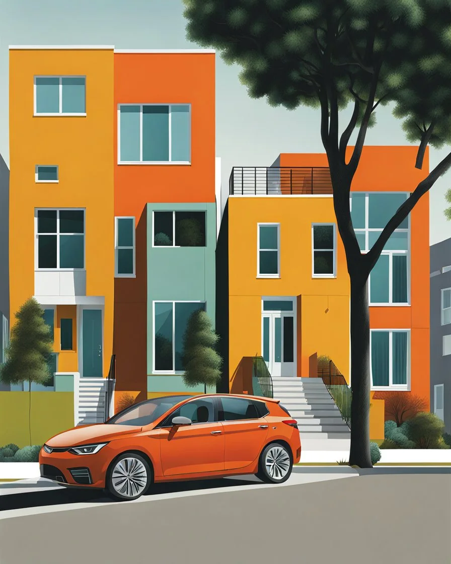 Architectural drawing of an urbanization of modern two-story houses, streets, trees, people and cars, complementary colors