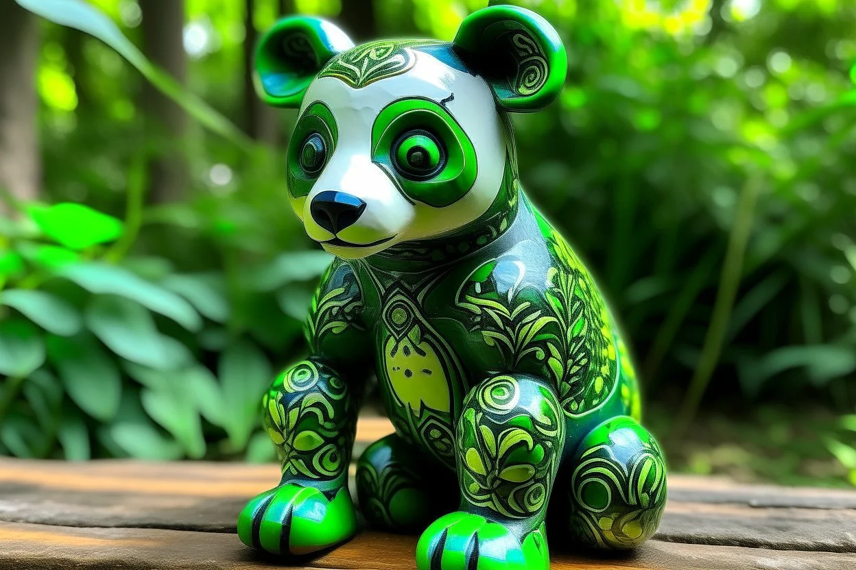 A lime green nature elemental panda designed in Oaxacan Alebrijes painted by Michelangelo di Lodovico Buonarroti Simoni