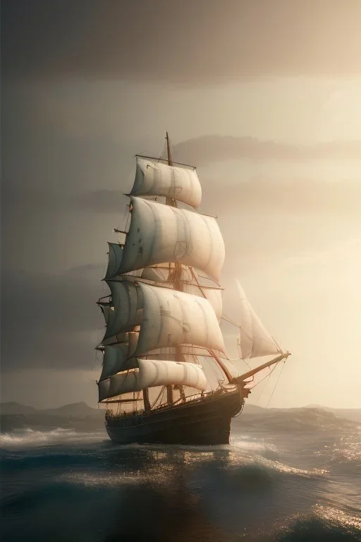 photo of a ultra realistic sailing ship, dramatic light, pale sunrise, cinematic lighting, battered, low angle, trending on artstation, 4k, hyper realistic, focused, extreme details, unreal engine 5, cinematic, masterpiece, art by studio ghibli, intricate artwork by john william turner