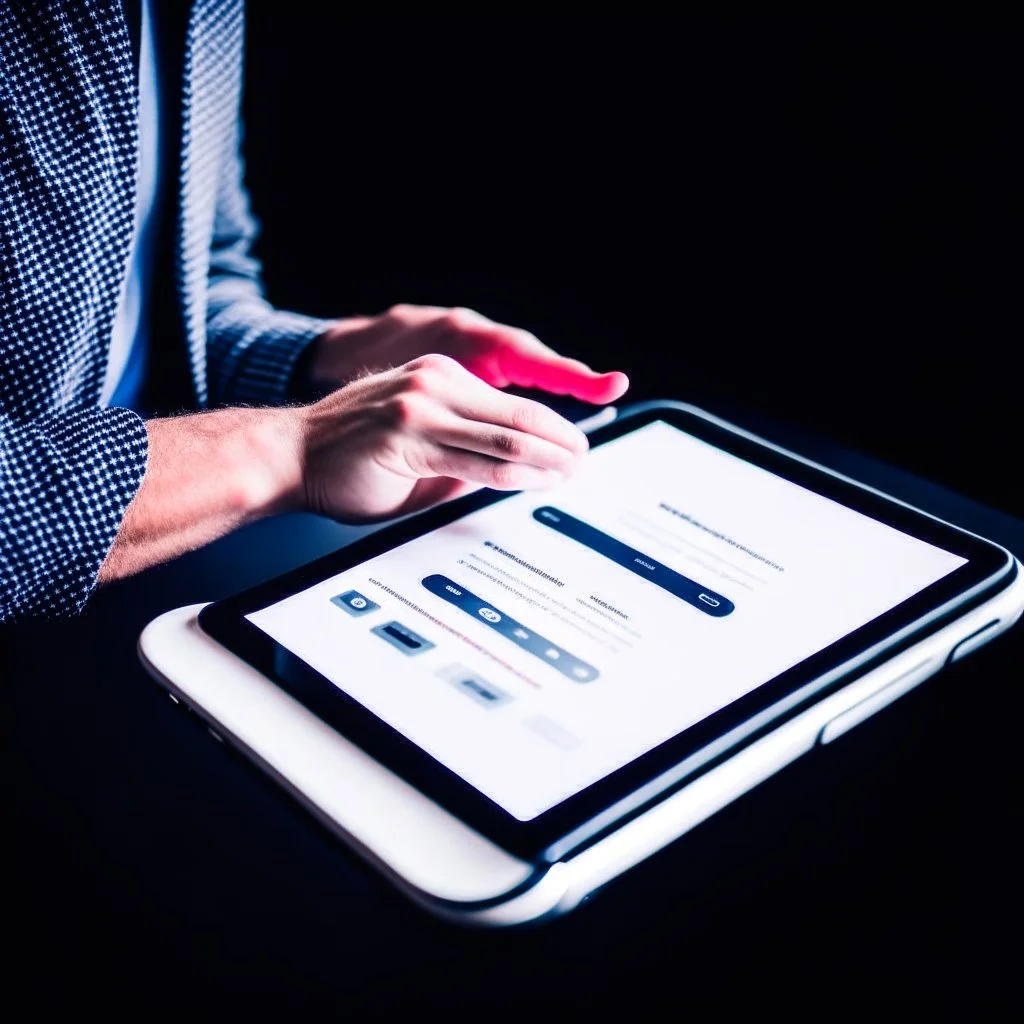A picture of a person holding a tablet while looking at a choice.