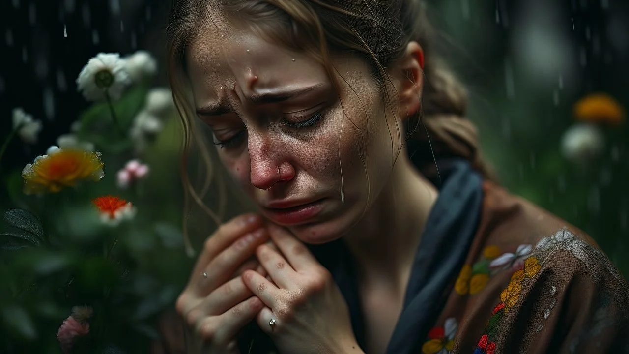 portrait of a crying woman, rain, flowers