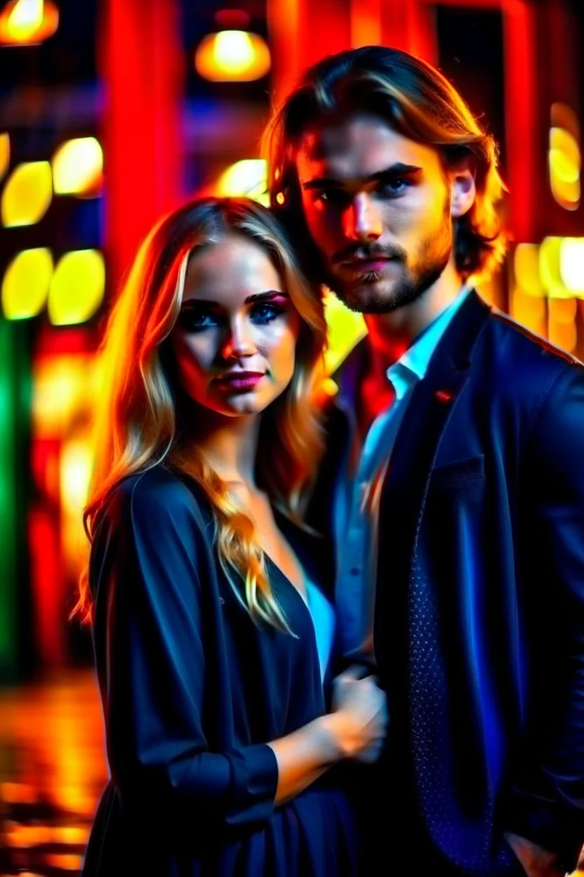 the genre is modern, a gorgeous couple, a beautiful woman model and actress, long hair, bright eyes and a beautiful man in modern clothes, he has blond hair, bright, expressive eyes, perfect facial features, he looks like a famous actor, a very beautiful favorite of all women, a full body, he stands tall, background bokeh