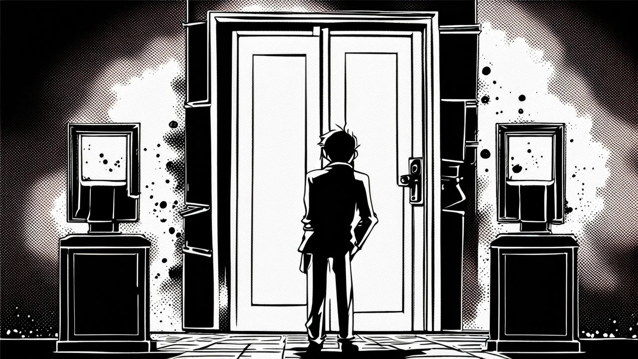 unhinged door, anime, monochrome, black background, ink, simple, maximum quality, broken hinge, barely functioning, why is it still being used it's a health hazard