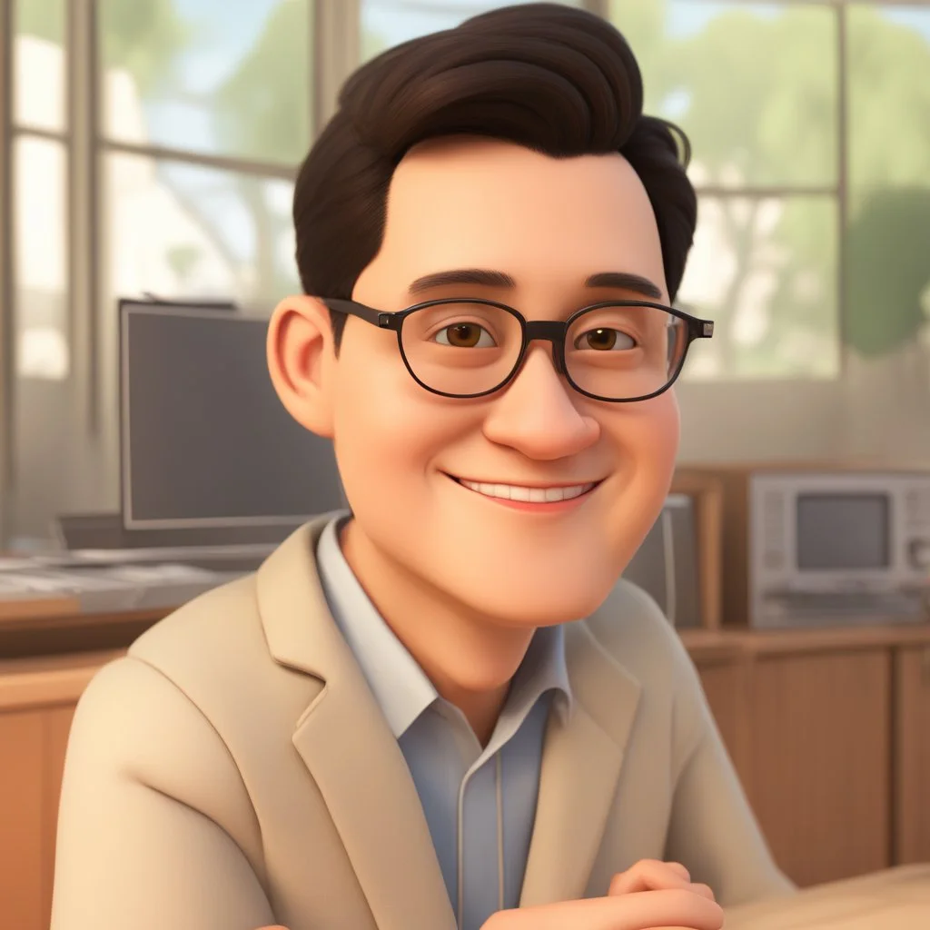 a portrait of smiling a man. carricature. dark black hair. short hair. light brown skin. dark brown eye pupils. wearing small rectangle, thin frame glasses. square face shape. formal dress. pixar style. 3D. 4k. portrait. highly detailed. sharp focus. high resolution. full color. cinema lighting