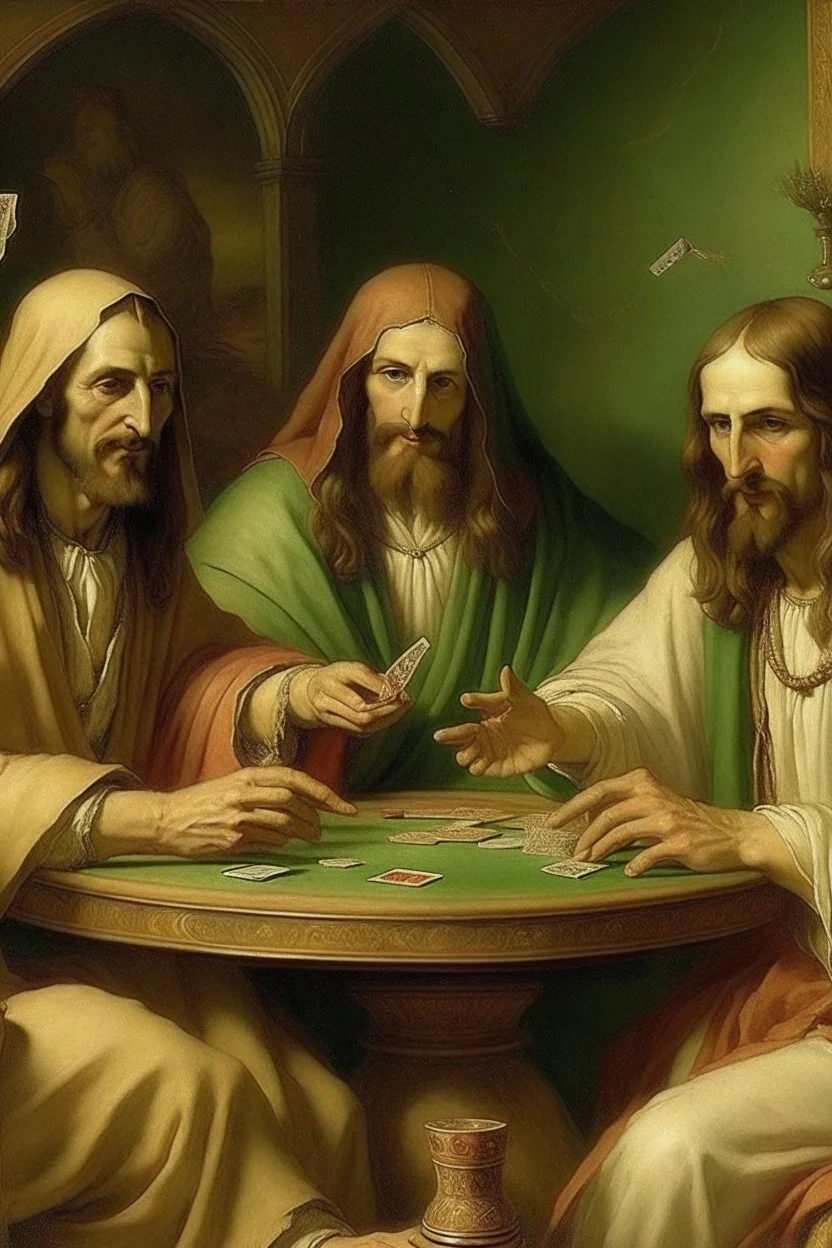 Jesus and friends smoking and playing cards, davinci.