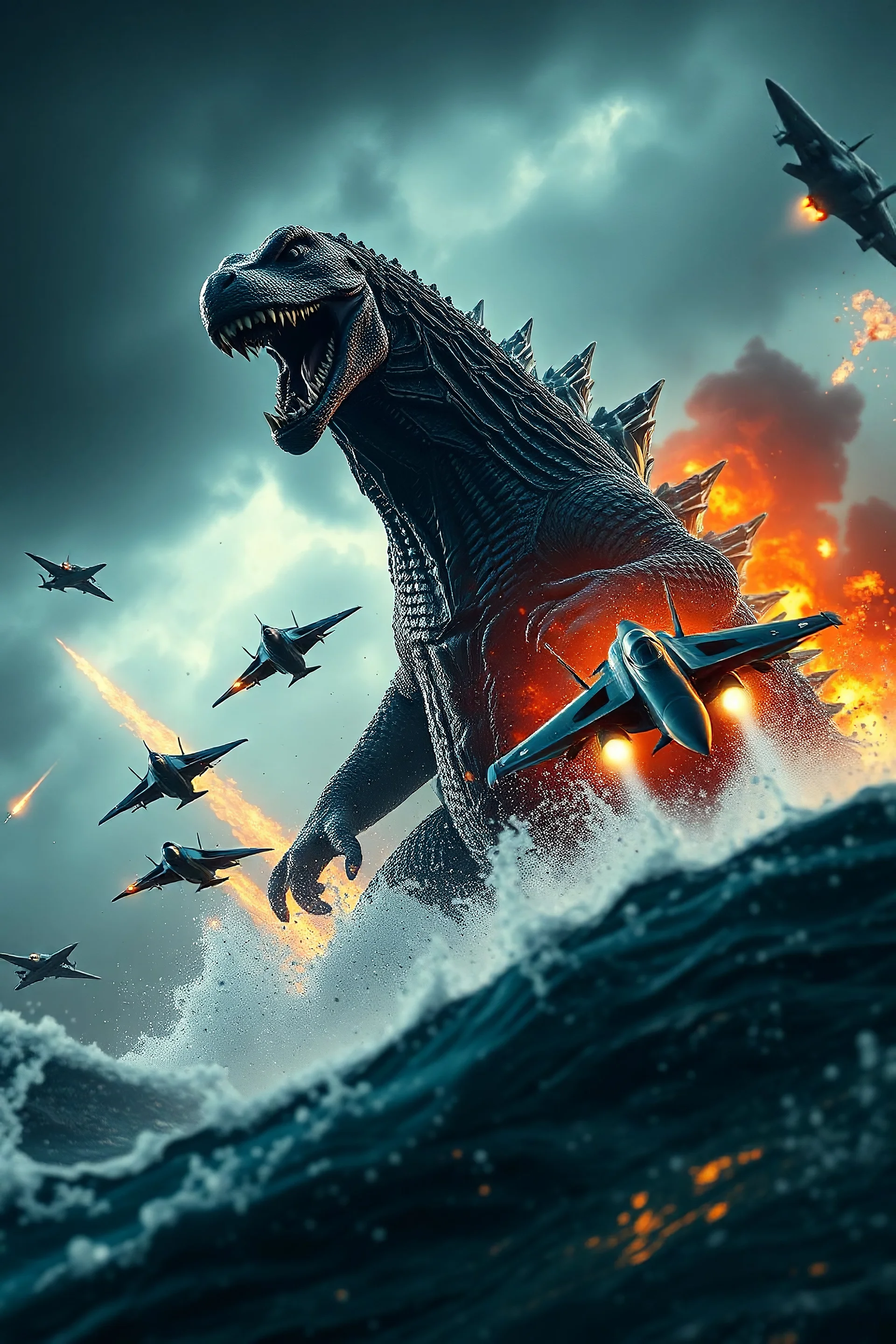 Closeup view of a Kaiju, bearing a striking resemblance to Godzilla, emerging from a tumultuous sea amidst a stormy backdrop, locked in combat with agile fighter jets, amidst a conflagration of fire and explosive effects, ambient lighting, professional composition, infused with a mix of elegance and futuristic aesthetics, ultra-realistic, mystical undertones, sharp focus capturing every water droplet and flame, rational placement of subjects within a cinematic frame, epic atmosphere,