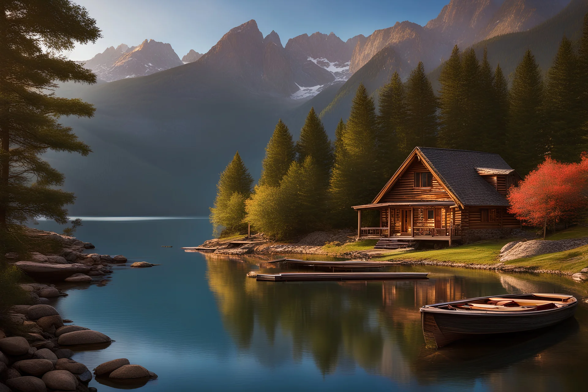 landscape Super wide , Wooden boat, mountains lake ,silky water , cabin , river rock