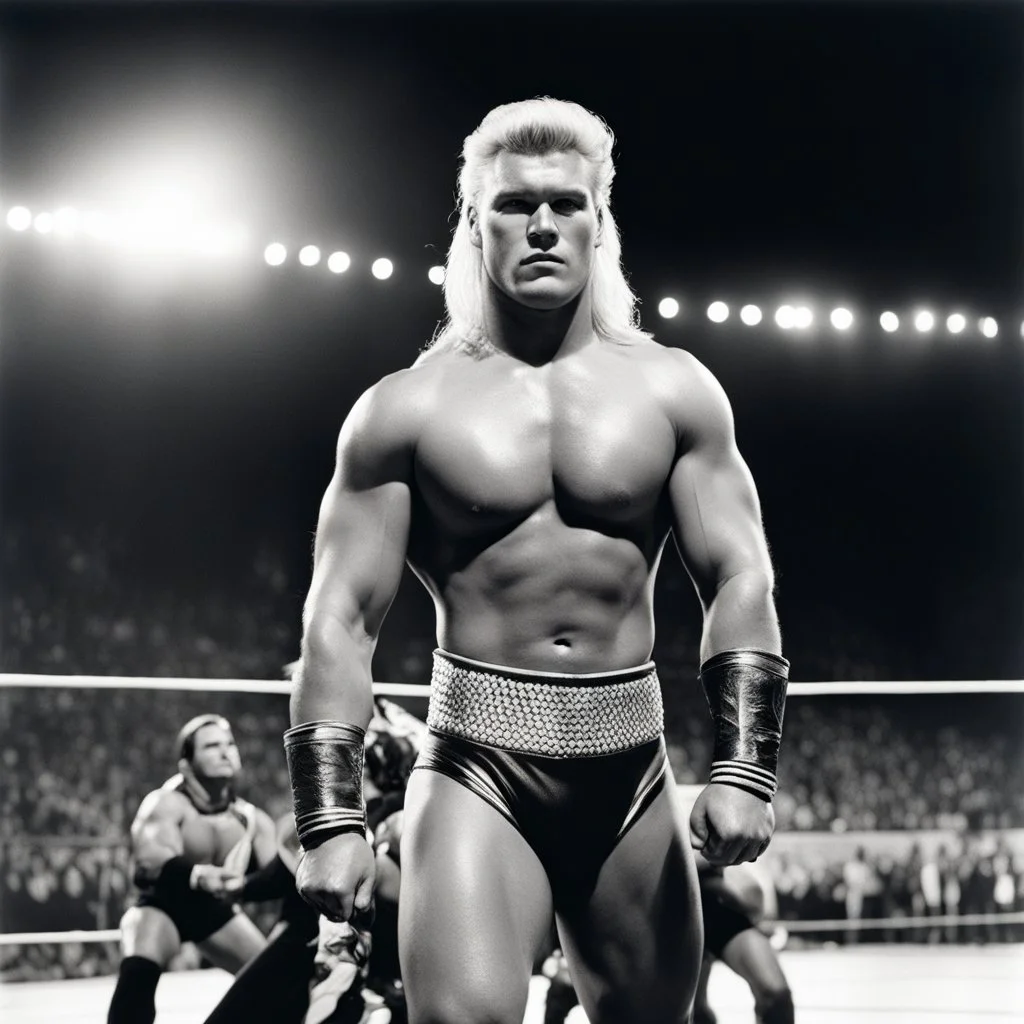 [photo by Helmut Newton] The Nordic wrestler, Bjorn Thunderstruck, stood tall and imposing in the arena, his blonde hair gleaming under the torchlight. Across from him, the Mexican wrestler, Maria Azteca, exuded a fiery intensity, her dark eyes flashing with determination.
