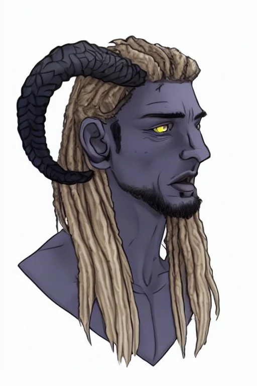 A tieffelin with blue skin and white Dreadlock hair. His pupil-less eyes are green. He wears a small beard. His horns are black and curved backwards. He wears a beige tunic.