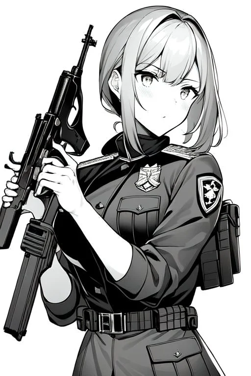 military girl takes out pistol, greyscale