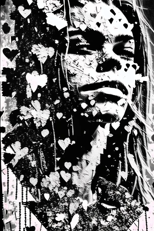 Ultra detailed medium portrait painting of happiness , torn up collage of clippings, beating heart line background, scattered flowers, crumbled Paper, memories on black and white photos, matrix effects, punk visual art, punk art aesthetic, graffiti art, pop surrealism, collage art, cluttered paint glitches