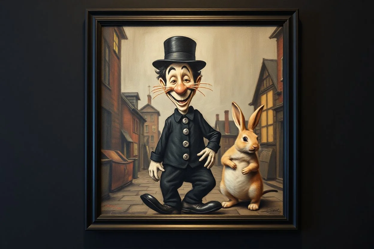 Charlie Chaplin town major troll mouse rabbit in style of Rembrandt and Fallout 4, with motion blur, all on a painting on wall with black wooden frame and with black wall background