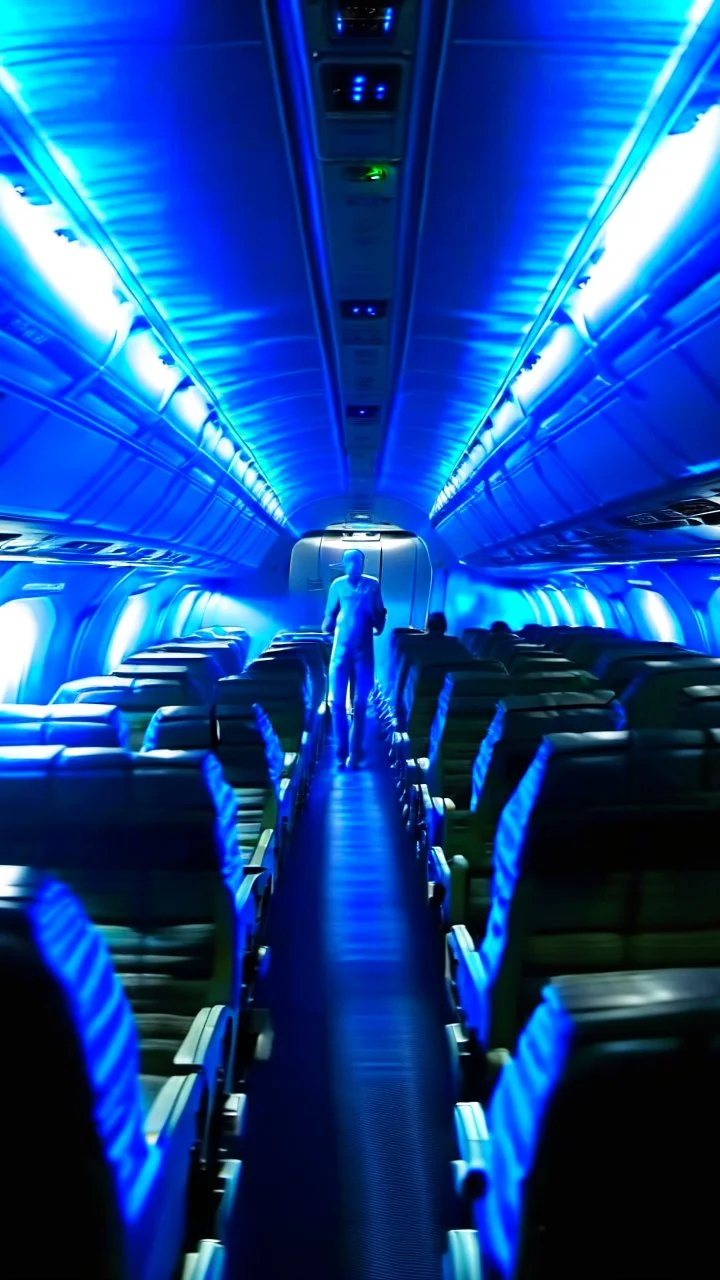 inside a commercial airplane an alien is walking in isle between the seats