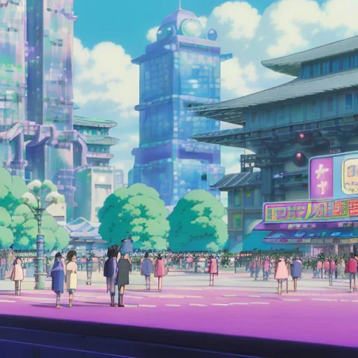 A group of people gather in a futuristic plaza, surrounded by towering skyscrapers and holographic advertisements. The plaza is filled with blue and purple light, and flying vehicles can be seen in the background.