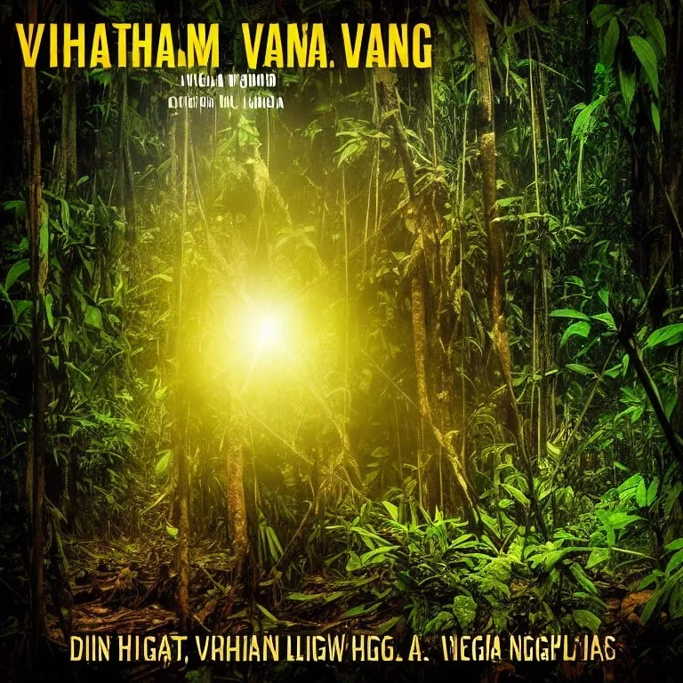 vietnam war. jungle. cd cover. bokeh. lens flare. warm lights. high detailed